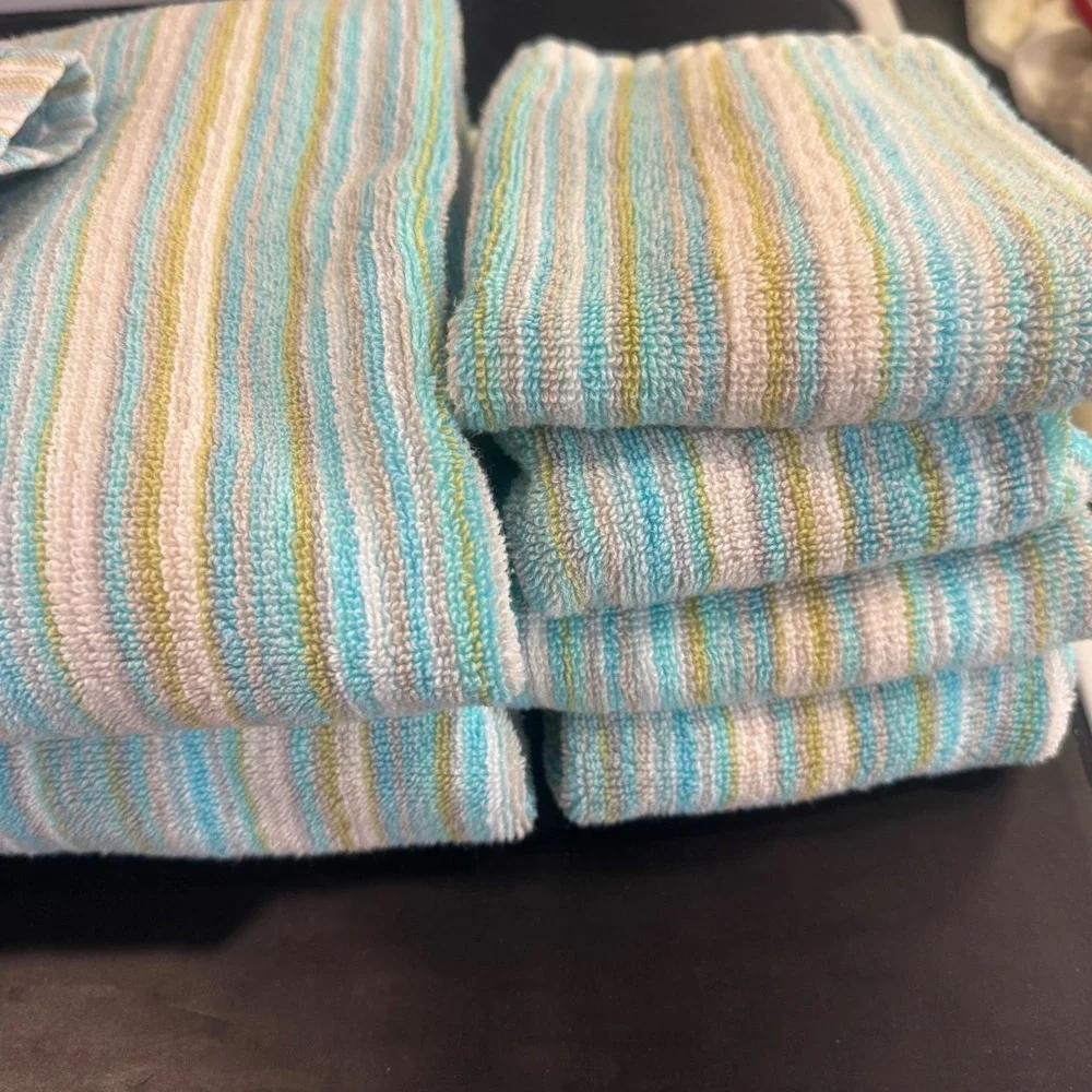 Soho Living Bath Towel Set 9 Piece Blue Green Striped 100% Cotton Coastal